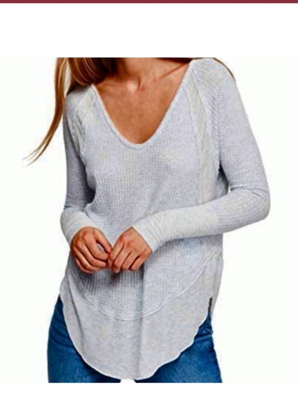 We The Free Light Gray Waffle Knit V-Neck Top